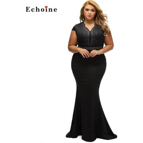 Women Sexy Rhinestone Front Bodice Scalloped Neckline Plus Dress Bodycon Diamonds Plus Size Mermaid Floor-Length Evening Vestido