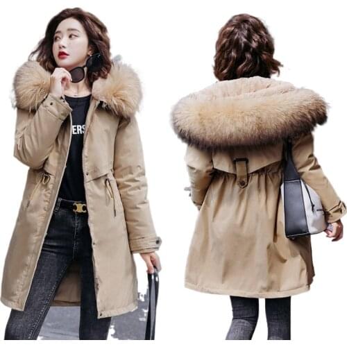 2022 Winter Women fleece inside parkas plus size thick warm mid-Long Hooded parkas Jackets fur inside female slim padding parkas