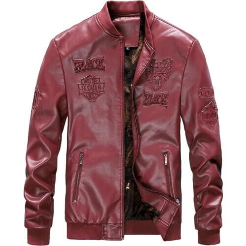 Winter Mens PU Leather Jacket Casual Male Fleece Thermal Leather Coats Men Stand Collar Motorcycle Leather Letter Jackets