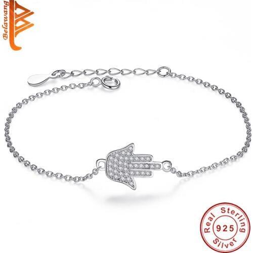 Authentic 925 Sterling Silver Bracelet With Hamsa Hand Charm Crystal Luxury Adjustable Chain Bracelets For Women Fashion Jewelry