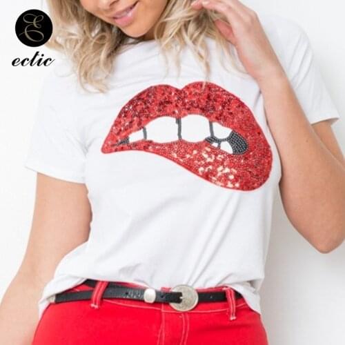 Red Lips T Shirt With Sequins Shiny Top Harajuku Fashion Style Glitter Shirt Round Neck Pullover Plain Shirt Women Short Sleeve