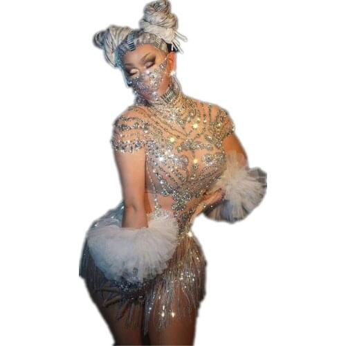 Shining Silver Crystal Rhinestone Sequin Fringe Short Jumpsuits Gloves Sexy Prom Outfit Women Singer Dancer Club