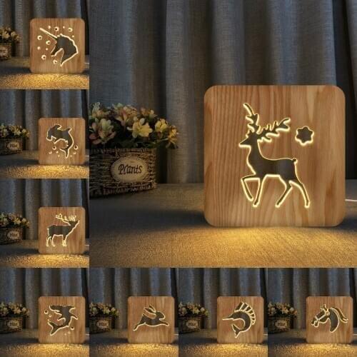 Shark Horse Deer Unicorn 3D LED Wooden Night Light Hollow Table Lamp USB Power Desk Lights For Baby Kids Decor New Year Gift