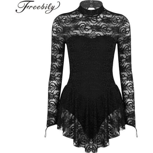 New Women Adult Figure Ice Skating Dress Long Sleeve Lace Roller Skating Ballet Dance Leotard Dress Competition Dance Costume