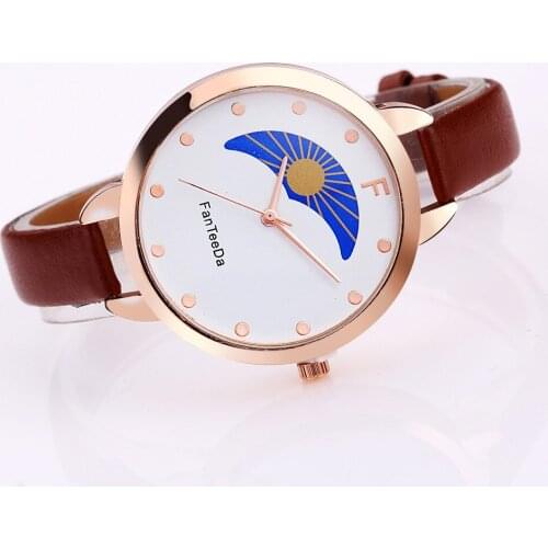 FanTeeDa relogio feminino Sun and moon Alloy Analog Leather Band Quartz Wrist Watch women Clock Casual Round kadin saat mujerB40
