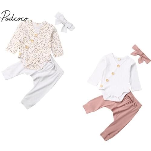 2019 Baby Spring Autumn Clothing Toddler Baby Girls Boys Flower Tops Ribbed Bodysuit Pants 3Pcs Sets Solid Outfits Clothes 0-18M