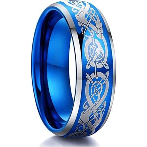 Classic Stainless Steel Wedding Ring for Men Punk Silver Color Dragon Pattern Inlay Blue Red Carbon Fiber Rings Men Wedding Band