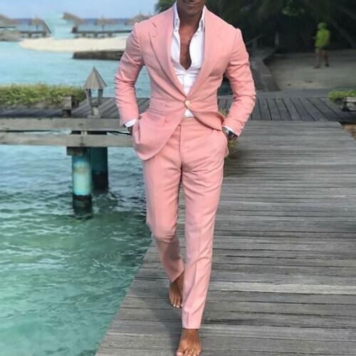 ANNIEBRITNEY Pink Summer Beach 2 Piece Wedding Linen Suit 2020 New Formal Prom High Quality Custom Men Wedding Suits With Pants