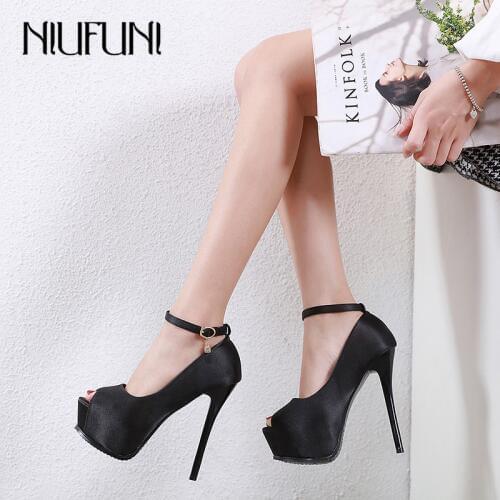 NIUFUNI Women Shoes Sexy Peep Toe High Heels Fashion Platform Pumps Ankle Strap Satin 14.5cm Stilettos Party Dress Shoes Woman