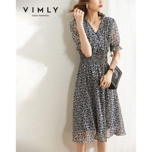 VIMLY Summer Dress For Women Elegant Floral Dress Office Lady V Neck Elastic Waist Maxi Dress Vintage Womens Beach Dress F7912