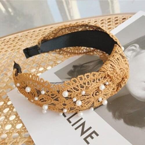 Antique Pearls Lace Headband for Ladies Elegant Headdress Handmade Solid Hairband Knot Women Wied Head Band Bow Knotted