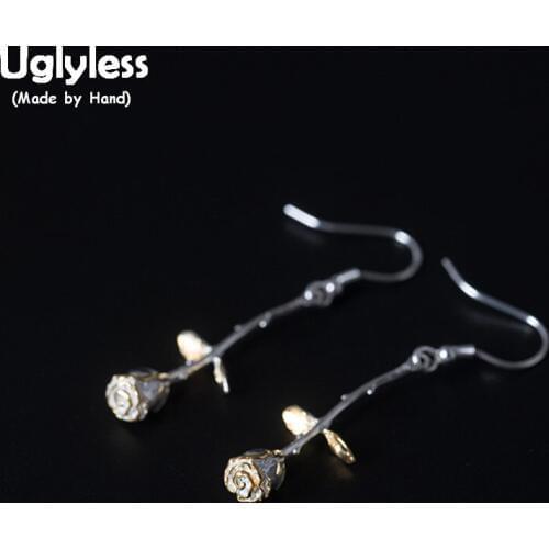 Uglyless 100% Real 925 Sterling Silver Handmade Rose Earrings for Women Three-dimensional Floral Dangle Earrings Naughty Brincos