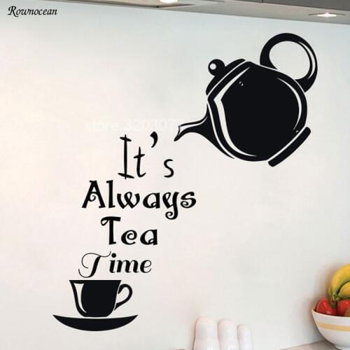 Modern Home Decor Plane Wall Sticker Alice In Wonderland Wall Decal Its Always Tea Time Quote Tile Adhesive Kitchen Black K-06