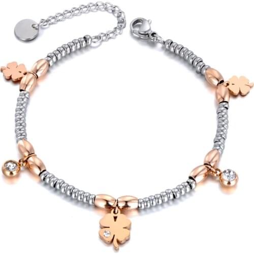 Trendy Stainless Steel CZ Crystal Flower Charm Bracelets For Women Girls Rose Gold Chain & Link Bracelet Jewelry B19106