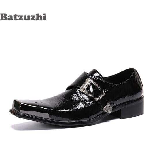 Batzuzhi Black Genuine Leather Dress Shoes Men Western Fashion Mens Shoes Metal Cap Toe Buckle Formal Business Leather Oxfords