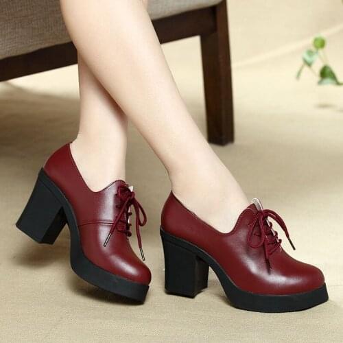 Classic Women Pumps Shoes Genuine Leather Round head Lace Up Fashion Thick High Heel Shallow Solid Casual Female Shoes Large
