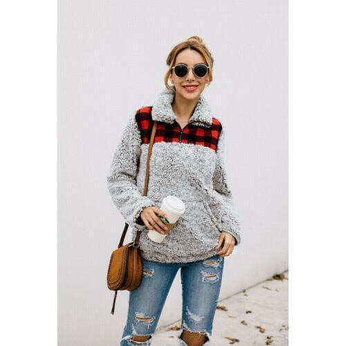 Women Fleece Outerwear Fashion Plaid Patchwork Fluffy Thick Sweaters Warm Zipper Pullovers Women Winter Coat Sherpa Tops