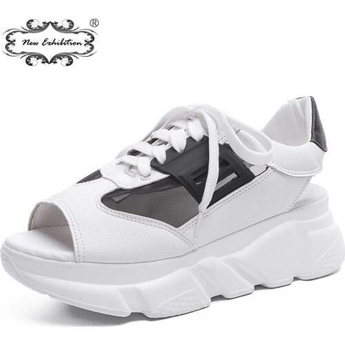 New exhibition Women Fishnet Mesh Sandals Casual platform shoes Fashion Womens Leather Breathable Sneakers Female Beach Sandals