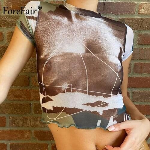 Forefair Vintage Print Crop Top Y2K Frill Mesh Women O Neck Harajuku Tee Summer Fashion Streetwear 2021