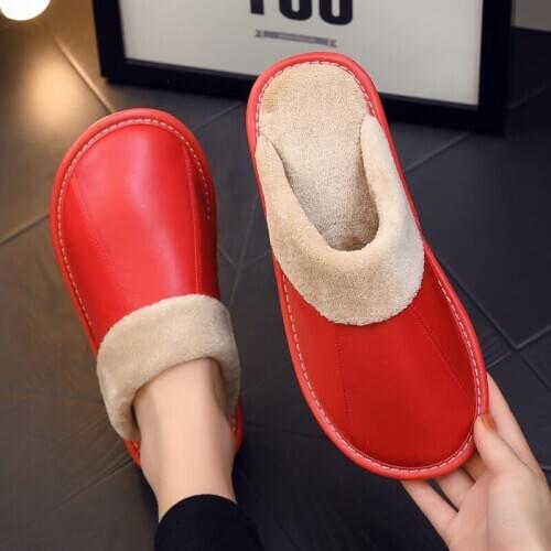 Winter Men Fluffy Slippers Genuine Leather Warm Indoor Shoes Flats Women Warm House Slipper zapatos de hombre home slippers