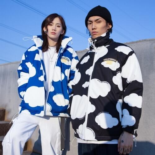 Winter Jacket Women Men Couple Cotton Padded Parka Coat Women Patchwork Print Clouds Puffer Jacket Oversize Casaco Jacket Men