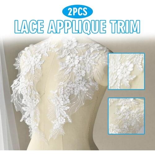1Pair White Lace Applique Trim Embroidery Sewing Motif Wedding Bridal DIY Crafts Dress Making Accessories Home Decoration