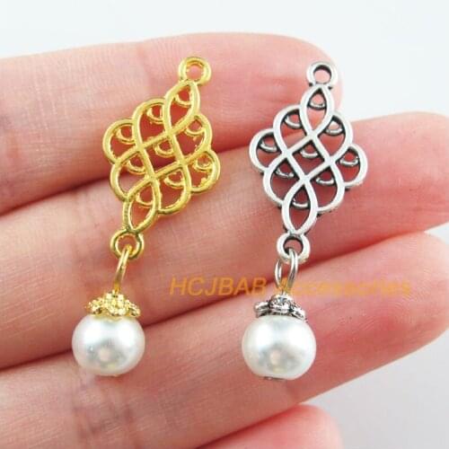 15Pcs Gold Tibetan Silver Tone Flower Knot White Glass Beads Charms Pendants 14x37mm