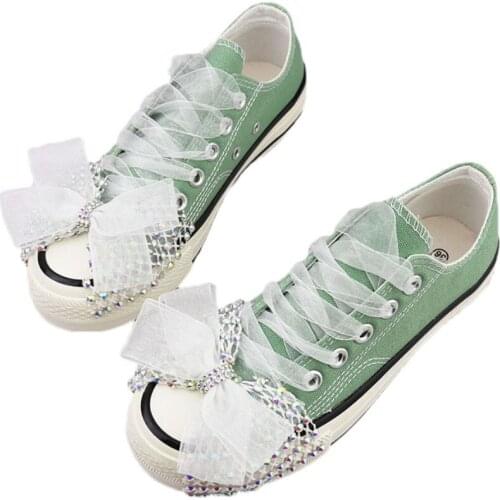 2021 Sweet Ladies Rhinestones Bowknot Canvas Shoes Green Casual Flats Platform Womens Sneakers Cute Girl Student Sports Shoes