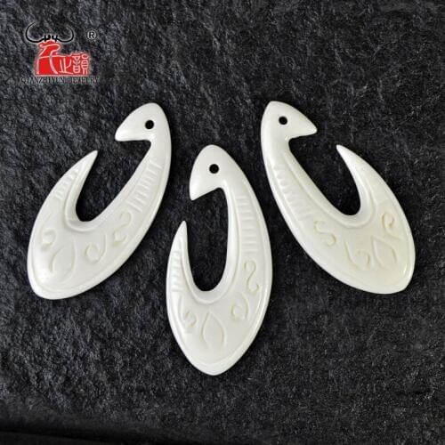 3PCS Handmade Carved Bone New Zealand Maori Fishhook Pendant Surfer Sport Style White Beads DIY Jewelry Accessory 48mmX21mm