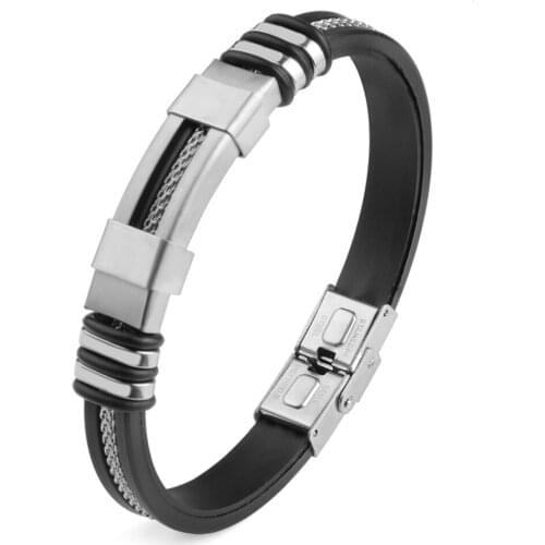 Silica Gel Stainless Steel Bracelets Silver Color Fastener Charm Grooved Metal Chain Insert Fashion Simple Bangles For Men