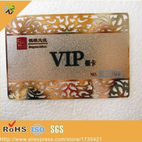 300pcs/lot 0.3mm thickness outline cutting through frosted surface effect gold metal vip card