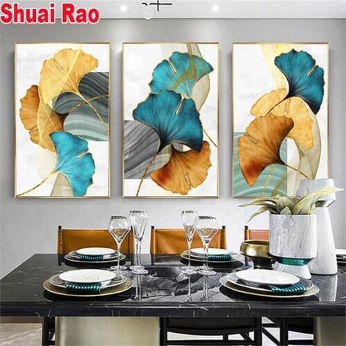 Blue Green Yellow Gold ginkgo Leaf diamond painting 3 Piece full square round diamond mosaic tools cross stitch embroidery arts