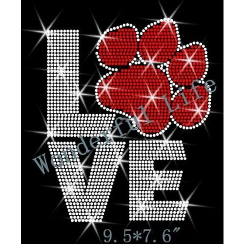 Free shipping rhinestones motif heat transfer iron on transfers love heart with paw print red with white