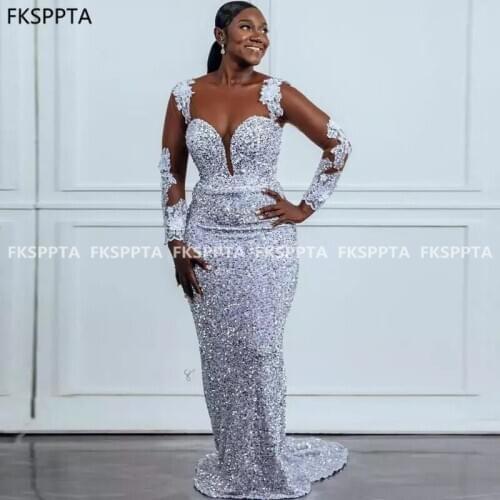 Shiny South African Mermaid Prom Dresses Backless See Through Silver Sequins Party Dress Long Sleeves Prom Gowns 2021