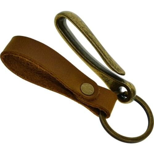Bronze Japanese Fishhook U hook full 4 colors grain Cow leather strap Keychain keyholder EDC Fob business daddy boyfirend gift