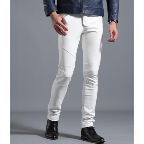 Черно белые штаны faux leather pants mens feet pants elasticity white motorcycle trousers for men personality pantalon homme