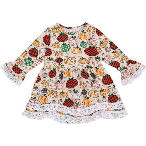 1-6Years Infant Kids Baby Girls' Long Sleeve Dress Fashion Casual Halloween Pumpkin Round Neck Lace Princess Dress