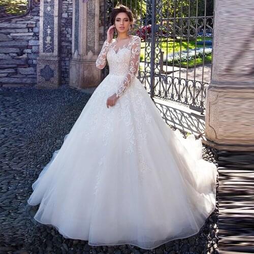 Elegant Ball Gown Tulle Wedding Dresses With Long Sleeves Illusion Lace Appliques Vintage Bridal Gown Boho Princess Party Dress