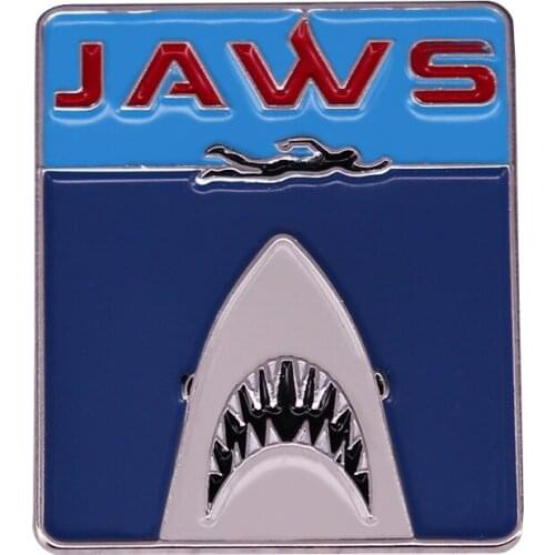 Steven Spielbergs Jaws Movie Poster Enamel Pin Midnight Swim Badge Swimming Over Shark Mouth Brooch