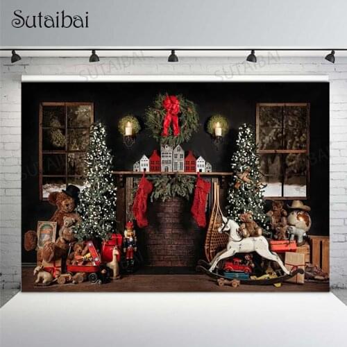 Christmas Fireplace Photography Backdrop Christmas Tree Wreaths Toys Bear Background for Photo Studio Child Kids Baby Photocall