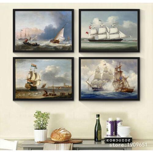 Cotton no frame classical white ships sea landscape canvas printings oil painting printed on cotton wall art decoration picture