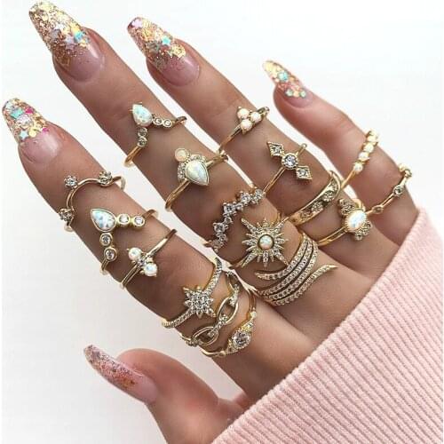 Boho rings for women luxury opal crystal ring aesthetic Knuckles jewelery on finger Gifts set wedding Accessories 17pcs/sets