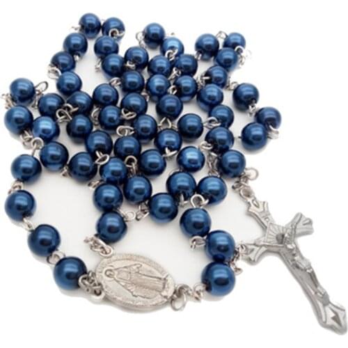 Fashion Blue Pearl Rosary Beads Necklace Catholic Christian Cross Pendant Ornament Prayer Bead Jewelry Accessories
