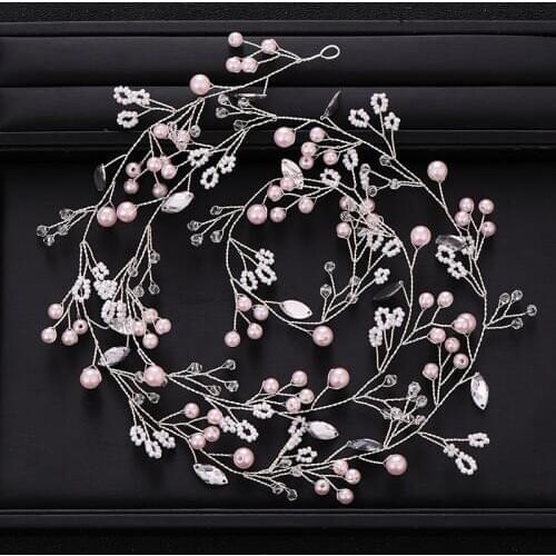 Trendy Pink Pearl Crystal Headdress Handmade Hair Bridal Wedding Long Hair With Prom Princess Hair Accessories Bridal Tiara