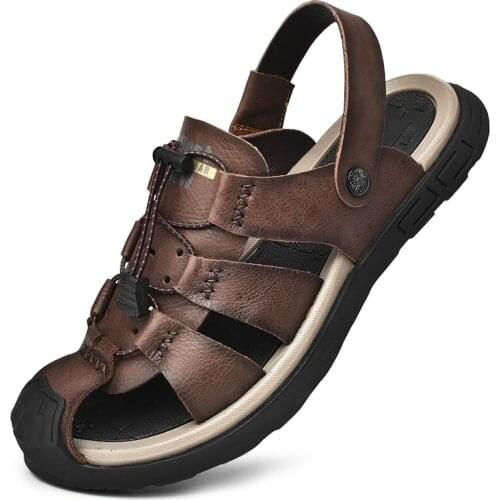 Men Holow Out Aqua Shoes Breathable Upstream Beach Water Shoes Barefoot Shoes Male Genuine Leather Sandals Plus Size 38-46