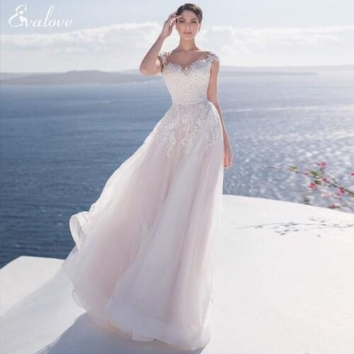 EVALOVE New Arrival Scoop Neck Button A-Line Wedding Dress Graceful Appliques Cap Sleeve Brush Train Custom Bohemian Bridal Gown