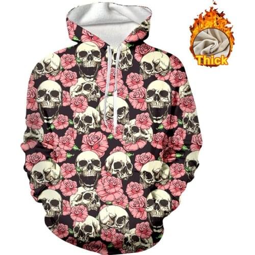 OGKB Thicken Hoodies Women Hombre Hip Hop Men Casual 3D Print Pink Flowers Skull Sweatshirt Fall Winter Warm Pullovers Wholesale