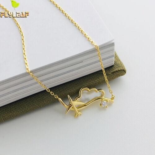 18k Gold 925 Sterling Silver Necklace Women Natural Shell Cloud Airplane Zircon Real Chain Fine Jewelry Necklaces & Pendants