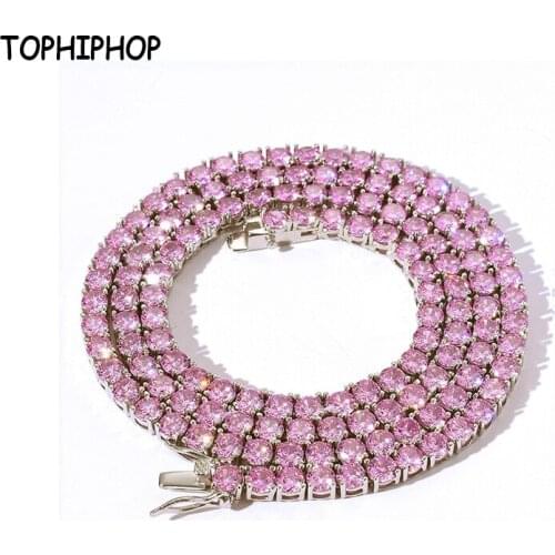 TOPHIPHOP 4mm Pink CZ Tennis Chain Necklace Fashion Mens Womens Necklace Hip Hop Jewelry Gift Exquisite Boxed