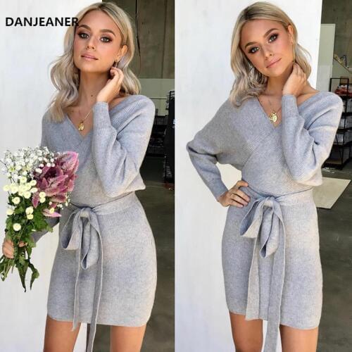 Danjeaner Sexy Party Dress Winter Long Sleeve V-neck Package Hip Knitted Sweater Dress Solid Slim Fit Mini Dresses with Sashes